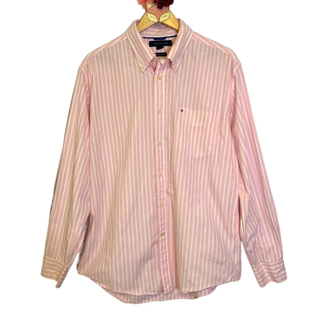 Tommy Hilfiger button down pink white stripe 80s two ply cotton shirt size large